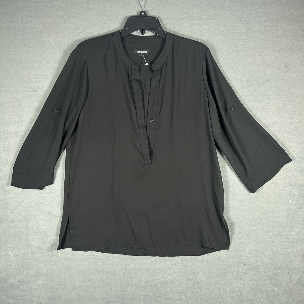 Alice‎ Collection Women's Black Roll Tab Sleeve Band Collar Blouse Top Size L